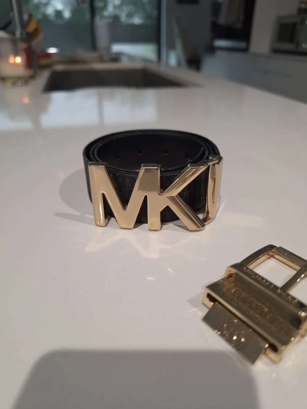Michael Kors Black Leather Logo Belt with Gold MK Buckle & Regular Buckle
